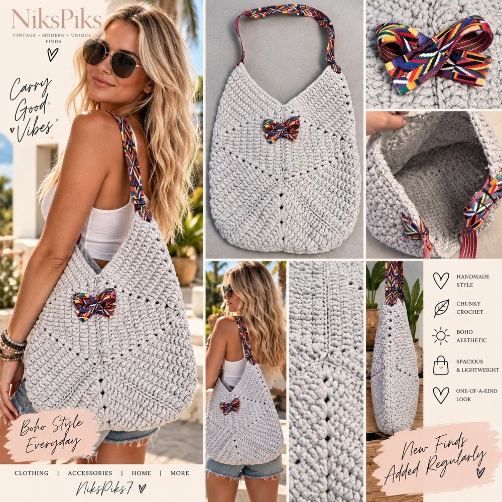 Handmade Crochet Hobo Shoulder Bag Light Gray Boho Geometric Ribbon Bow